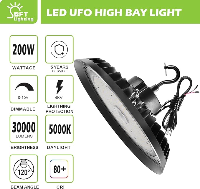 BFT UFO LED High Bay Light 200W 5000K Daylight High Bay LED Shop Lights 30000LM - Image 2