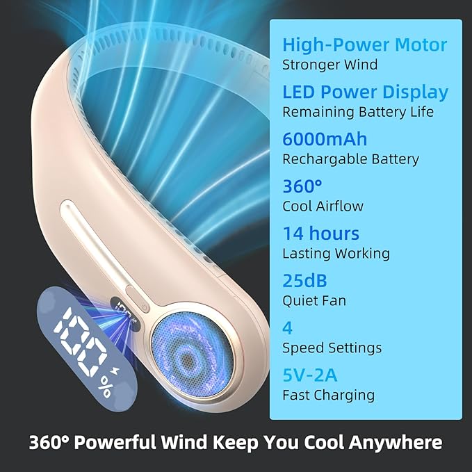 Portable Neck Fan, Hands Free Personal Wearable Bladeless Fan, 6000mAh USB - Image 3