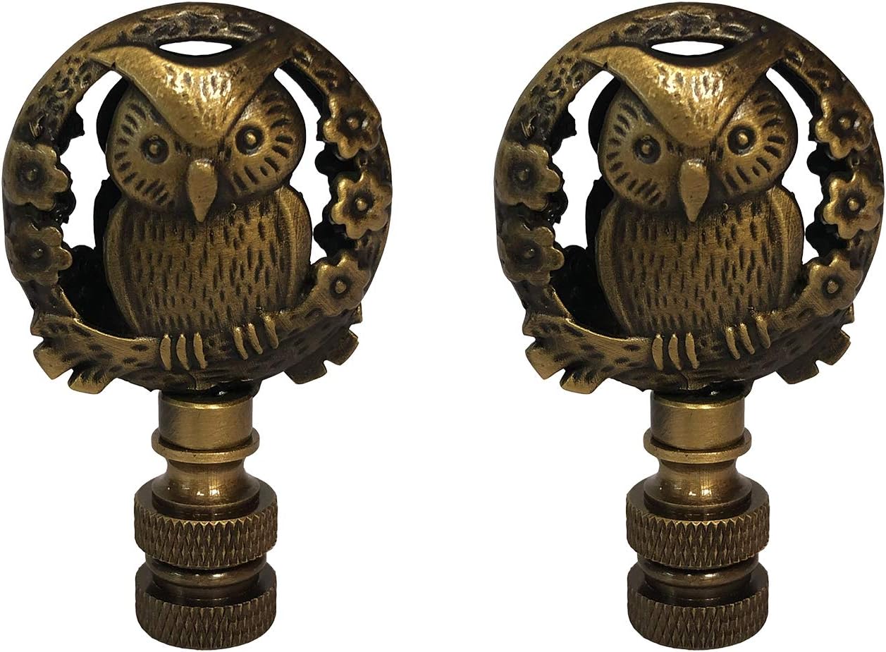 Royal Designs Decorative Botanical Owl Lamp Finial for Lamp Shade, Antique Brass - Pack of 2