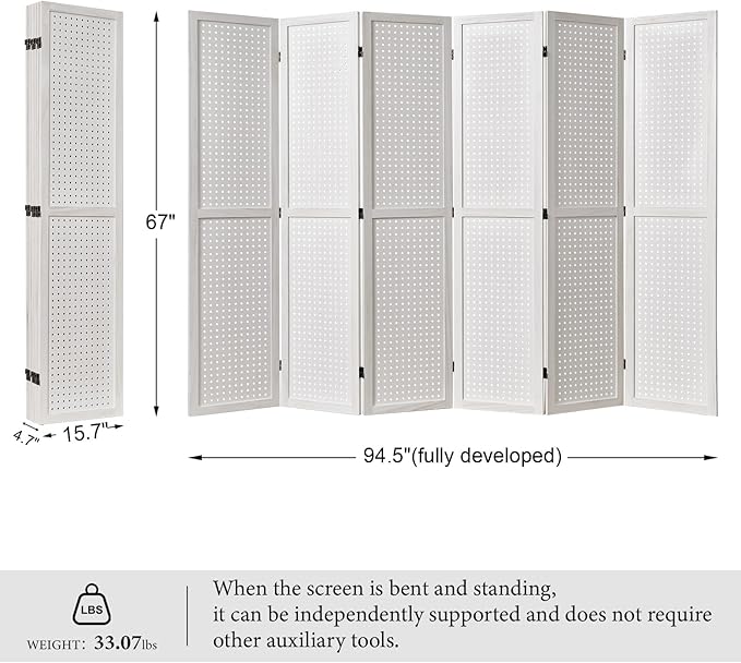 Pegboard Display, 5.6Ft Wooden Room Divider Folding Privacy Screens Portable - Image 7