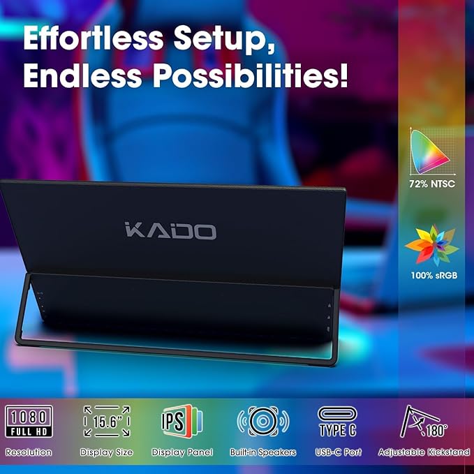 Kado Portable Monitor 15.6'' 1080p, 100% sRGB USB-C HDMI Gaming Monitor - Image 2