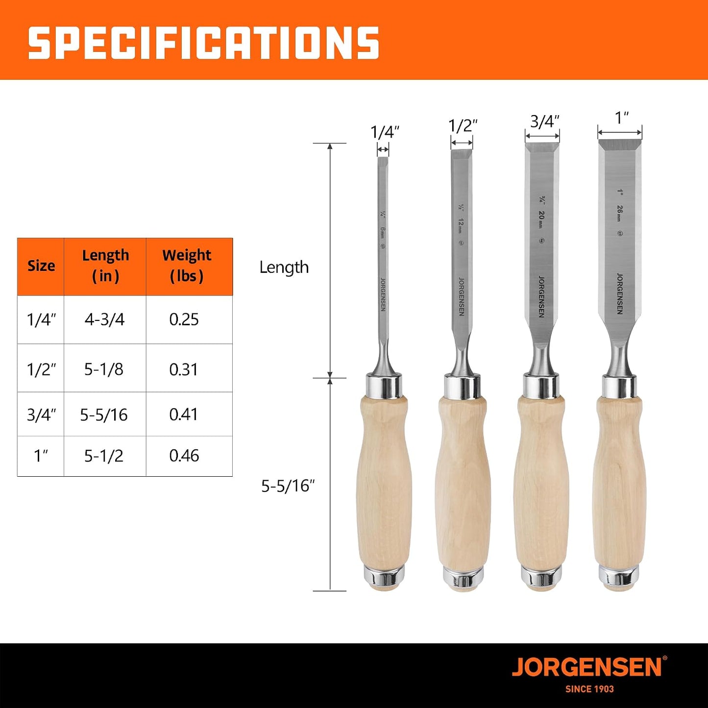 Jorgensen 4-Piece Wood Chisel Set, Chromium Alloy Steel Beveled Edge Wood Chisels, Wood Chisels for Woodworking, Ergonomic Hardwood Handle with Metal Ferrule, 1/4", 1/2", 3/4", 1"