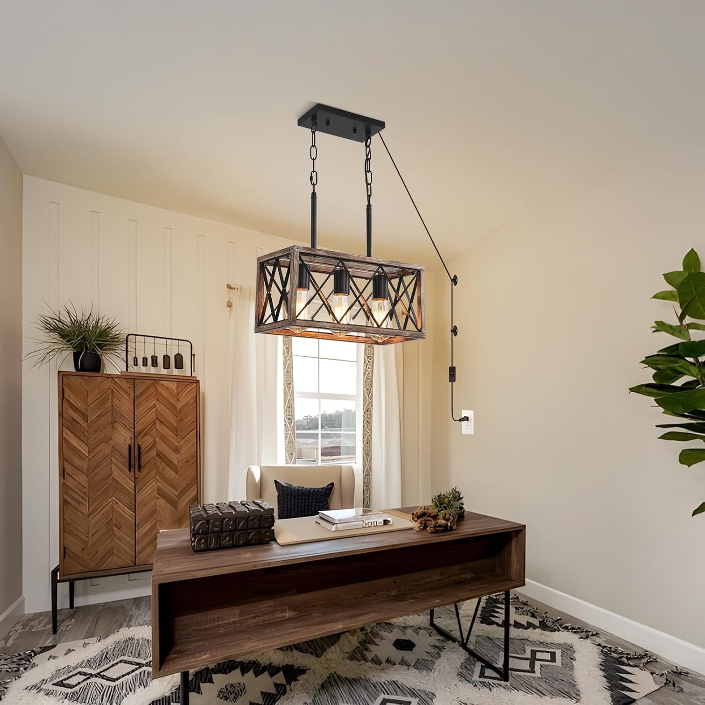 KEESFU Farmhouse Plug in Kitchen Lighting Fixtures Ceiling, 3 Lights Kitchen Pendant Light with 14.7ft Cord, Rustic Dining Room Light for Living Room Foyer Dining Table Over Sink. (Wood Grain Color)