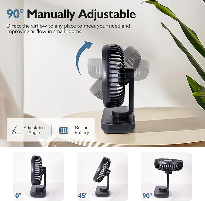 CONBOLA Small Desk Fan for Bedroom, 3600mAh Battery Powered Rechargeable Fan - Image 3