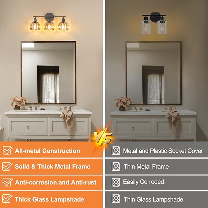 Shenmoyl Bathroom Light Fixtures, 3-Light Black Vanity Wall Light Over Mirror - Image 3