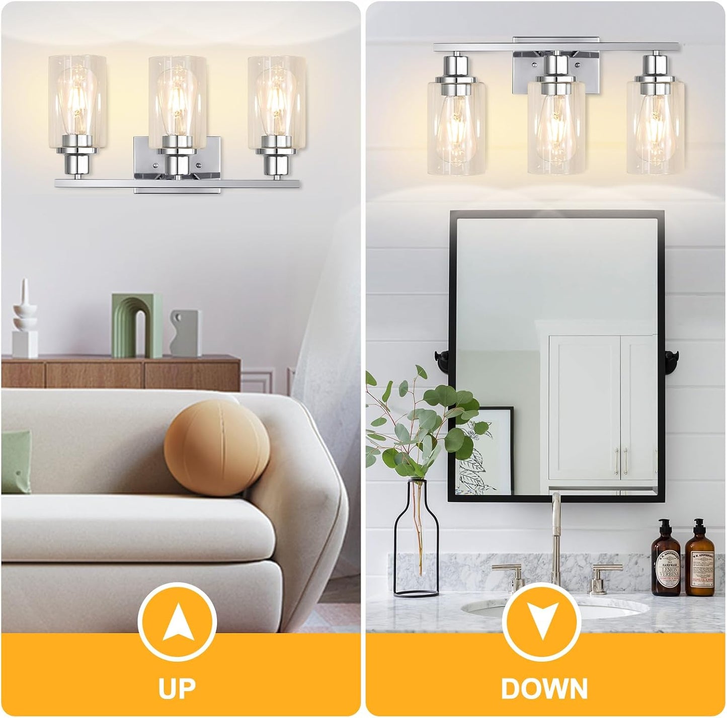 3 Light Vanity Light Fixtures, Polished Chrome Bathroom Wall Sconces, Modern Wall Lights with Clear Glass Shades, Bathroom Wall Lamp over Mirror Kitchen Bedroom Living Room Hallway Cabinet Porch