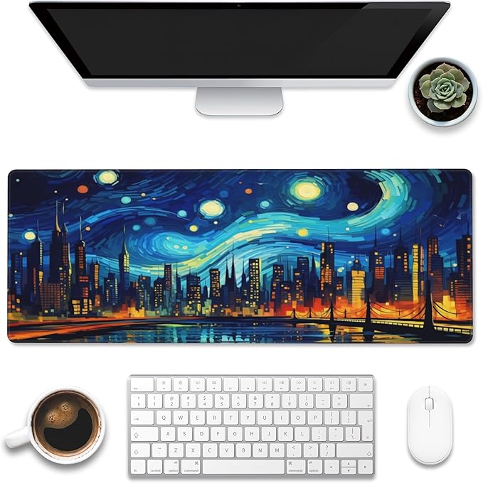 Eflxamz Desk Pad, City Starry Night Desk Mat, Abstract Oil Painting Large by Eflxamz