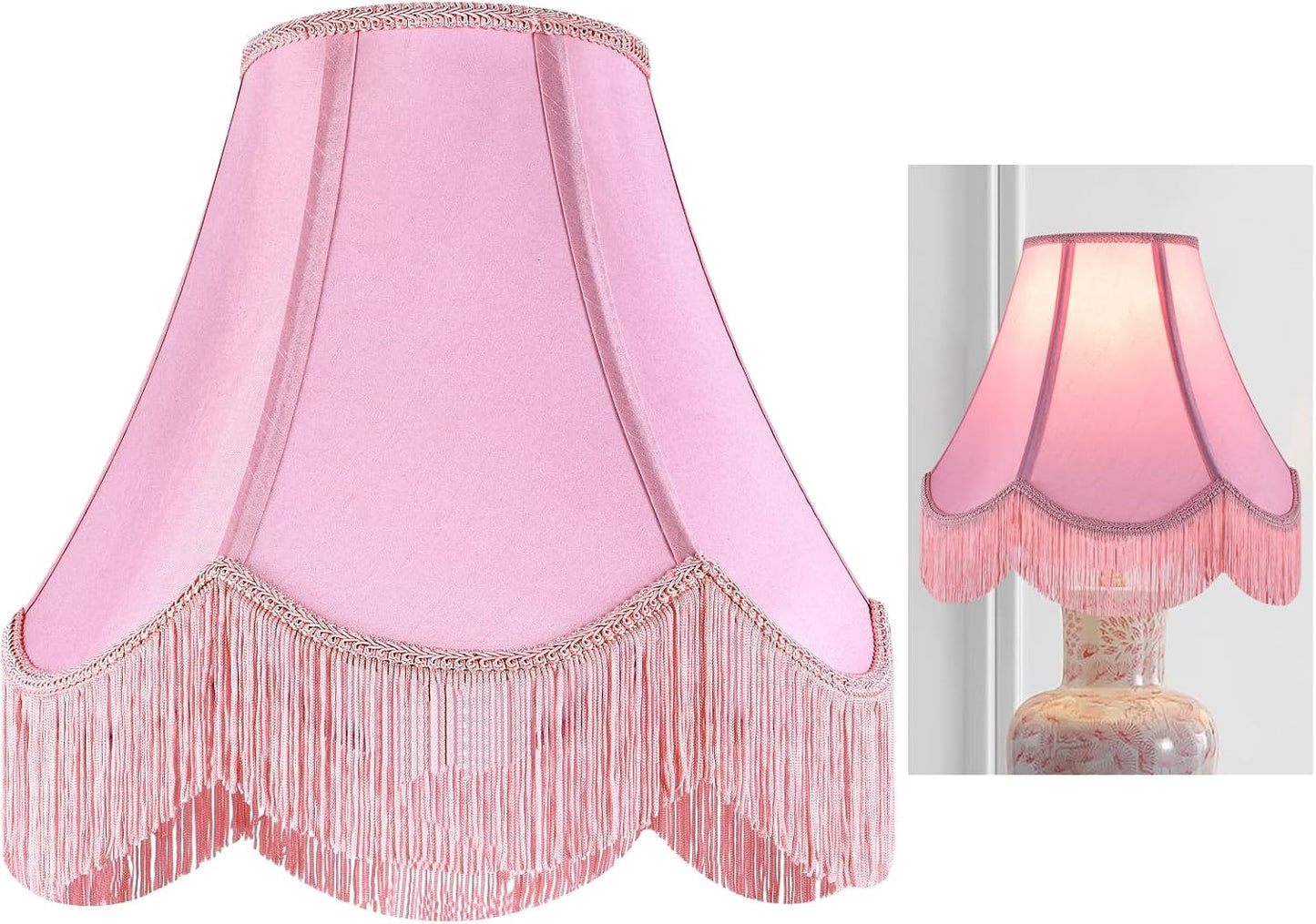 GO&SO Lamp Shades 1PC,6" x 13" x 10.6",Pink Fringe Scalloped Lamp Shade | Hand Crafted,Silk Fabric,Victorian Lamp Shade,Spider Fitter,Bell Lamp Shades for Table Lamps,Easy Assembly