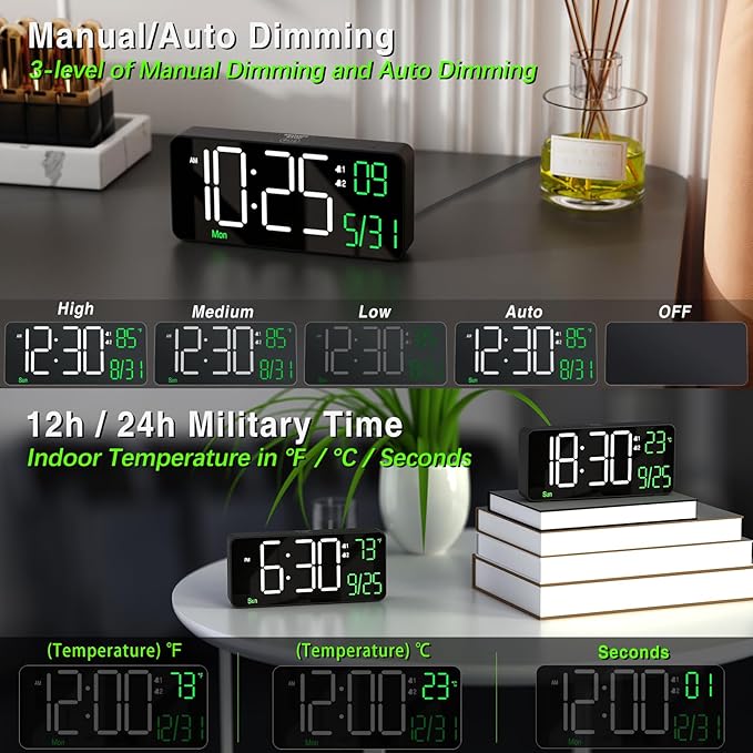 KOSUMOSU Digital Alarm Clocks for Bedrooms, 6.7in Black Small Digital Clock for - Image 3