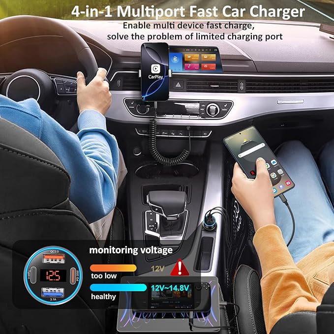 USB C Car Charger, 4-Port 65W Dual 12V USB-A & USB-C Car Phone Charger - Image 5
