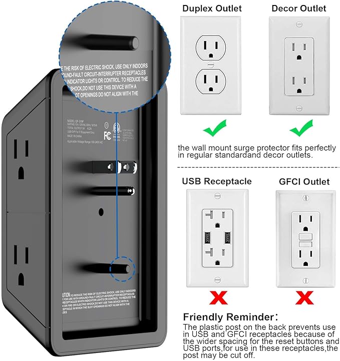 Surge Protector Outlet with 5-Multi Plug Outlet and 4 USB Ports, 3-Sided 1680J - Image 5