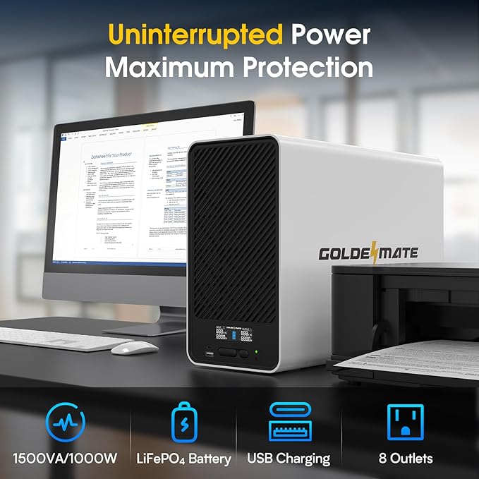GOLDENMATE 1500VA/1000W Lithium UPS Battery Backup and Surge Protector - Image 2