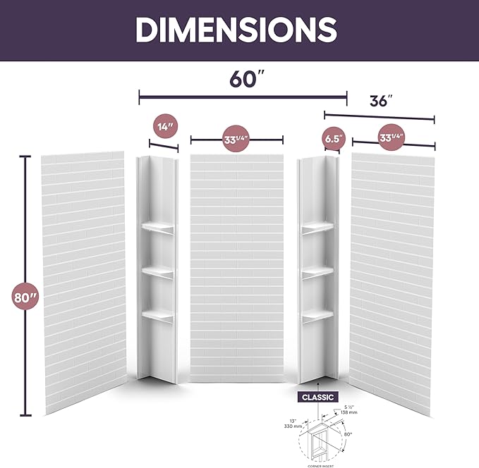 White Acrylic Shower Wall Surround 36"x 60"x 80" - Image 3