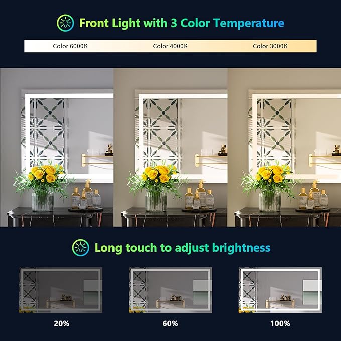 YEELAIT 57x36 Inch RGB LED Bathroom Mirror Front Light and RGB Backlit Lighted - Image 4