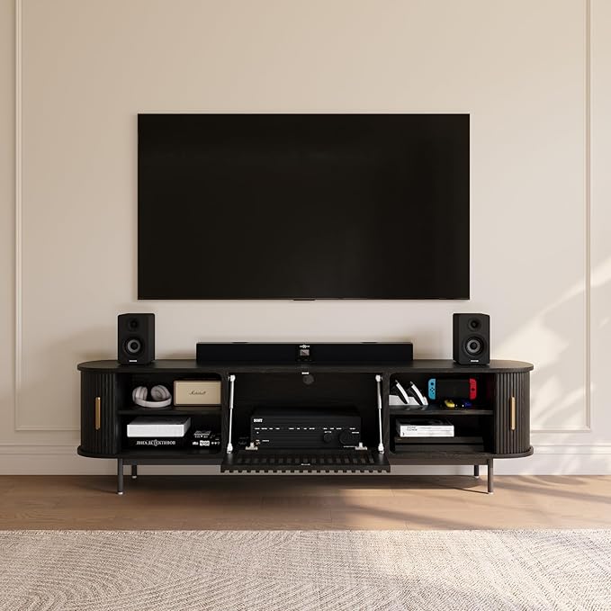 POVISON Fully-Assembled Mid Century Modern TV Stand, Sliding Tambour Door - Image 2