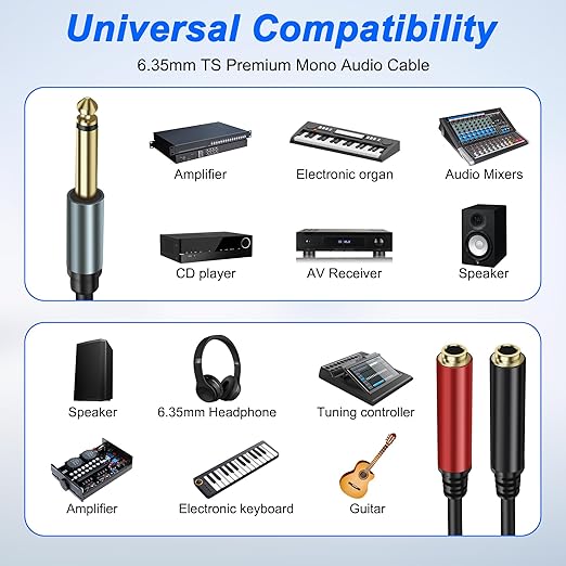 XMSJSIY 1/4" 6.35mm TS Mono Splitter 1 to 2 Audio Y Splitter Cable Adapter - Image 7