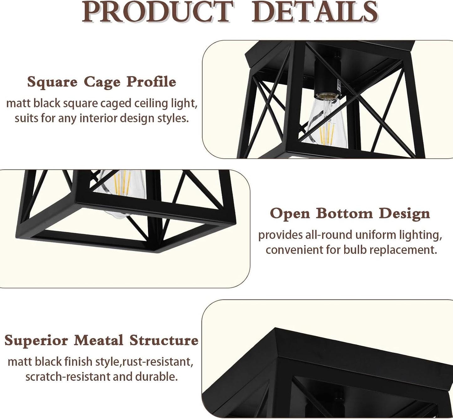 1 Light Black Industrial Flush Mount Ceiling Light Fixture - Square Farmhouse Caged Ceiling Light for Closet Kitchen Hallway Porch, E26, Dimmable