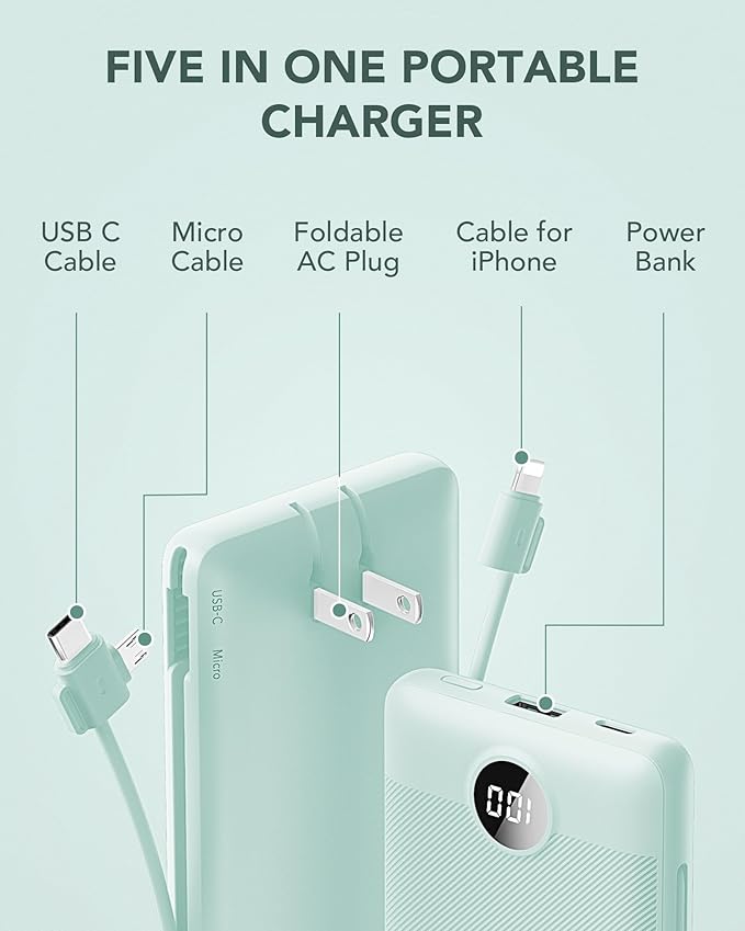 VRURC Portable Charger Built-in Cables and AC Wall Plug, USB C Power Bank - Image 3