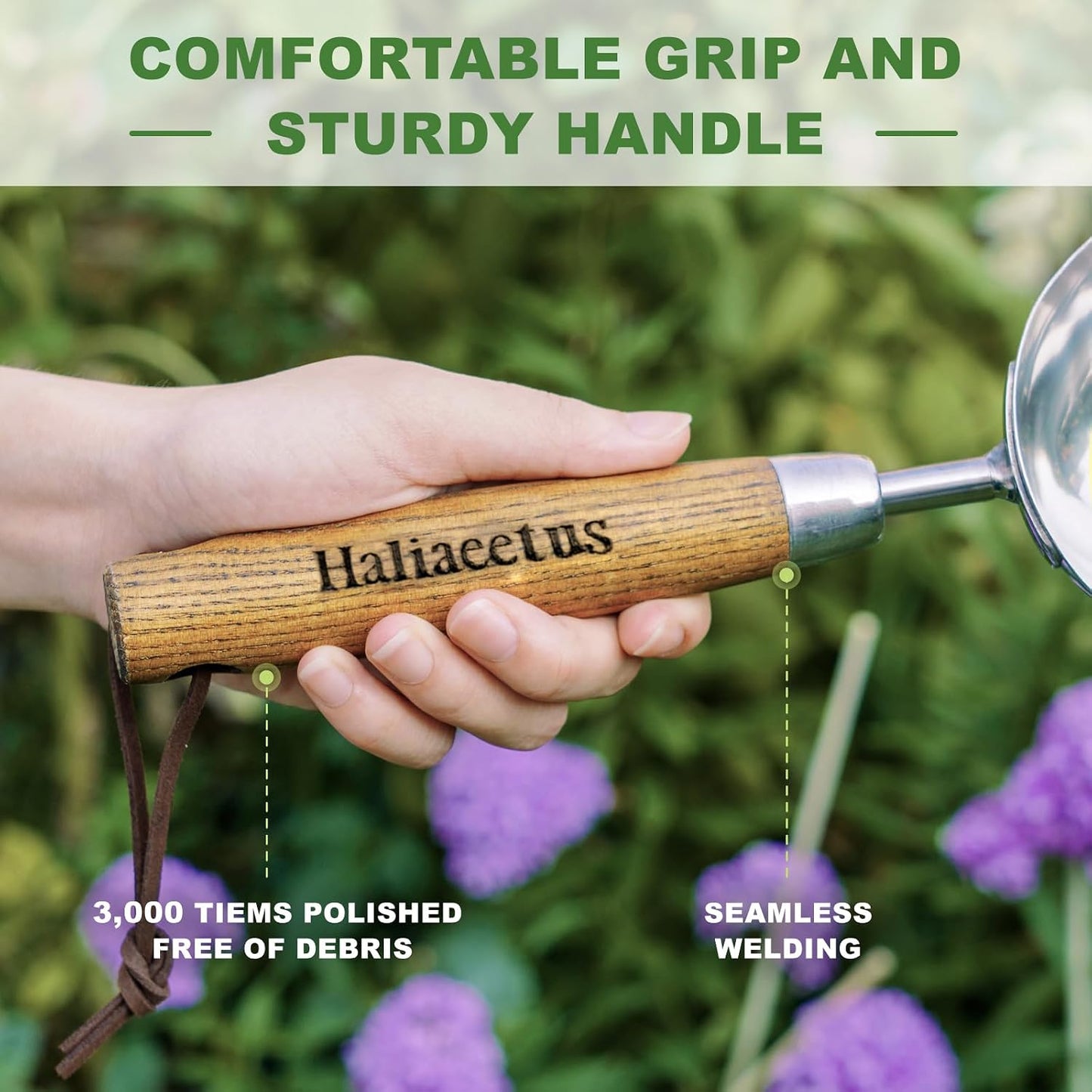 Haliaeetus Potting Soil Scoop, Bend Proof Stainless Steel Gardening Scoop | 1 Cup Big Volume Garden Soil Scoop, Comfortable Wood Handle Soil Scoop for Transplanting, Cultivation,Composting and Planting