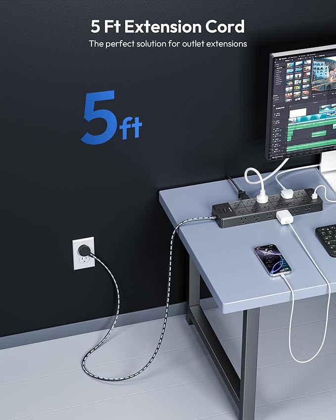 24 Widely Outlets 5 Ft Extension Cord NTONPOWER 15A/1875W Power Strips - Image 3