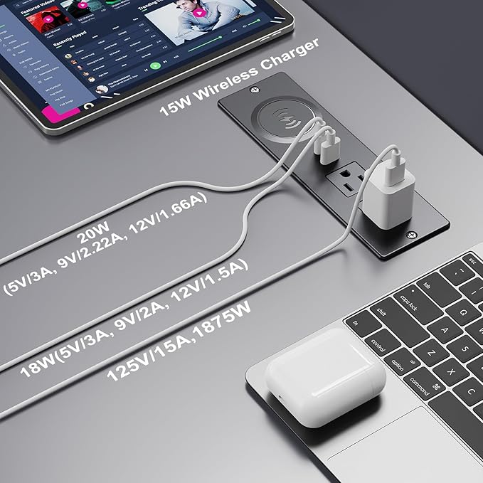 Recessed Power Strip with 15W Wireless Charger, Haiaoyyds Flush Mount Power - Image 3