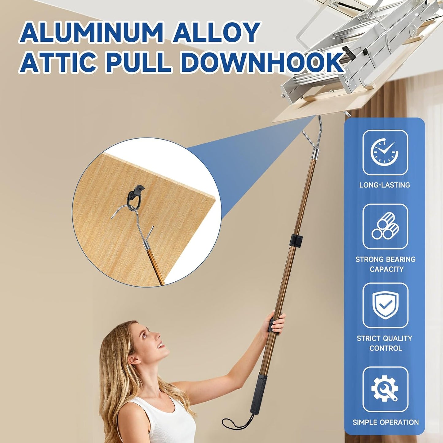 Attic Ladder Pull Down System- attic Pull Down Hook 20-40 InchesTelescoping Extension Rod with D-Ring & Mounting Screws - Replacement for Attic Pull Down Cord