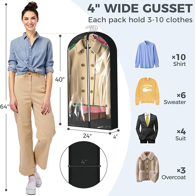 4 pack 60" Clear Garment Bags for Hanging Clothes, Suit Bags for Closet Storage - Image 3