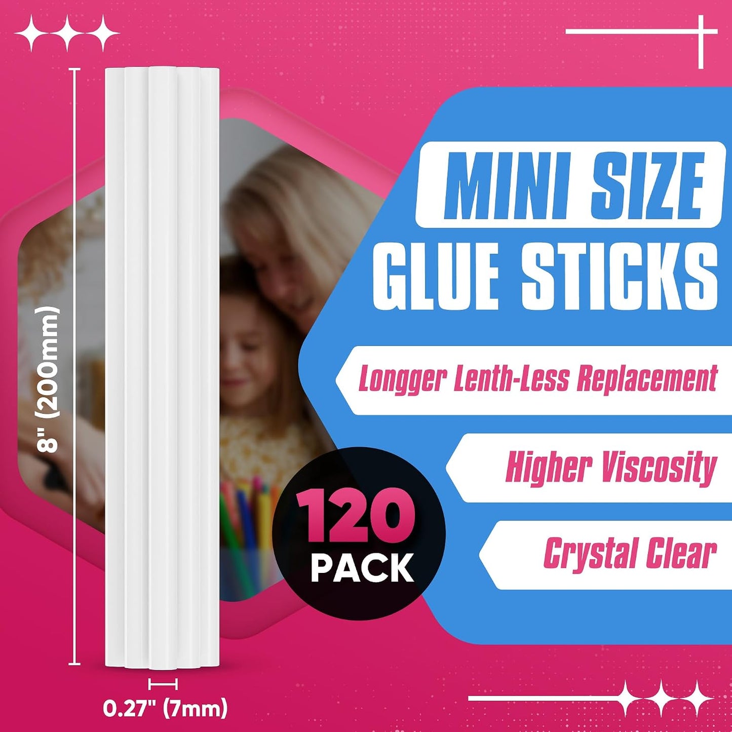 EZUVITA 120-Pack Mini Size Hot Glue Sticks, 0.27” Dia x 8” Long | Clear, for All-Temp Mini Glue Guns, for DIY Art Craft General Repairs, Festival Decorations