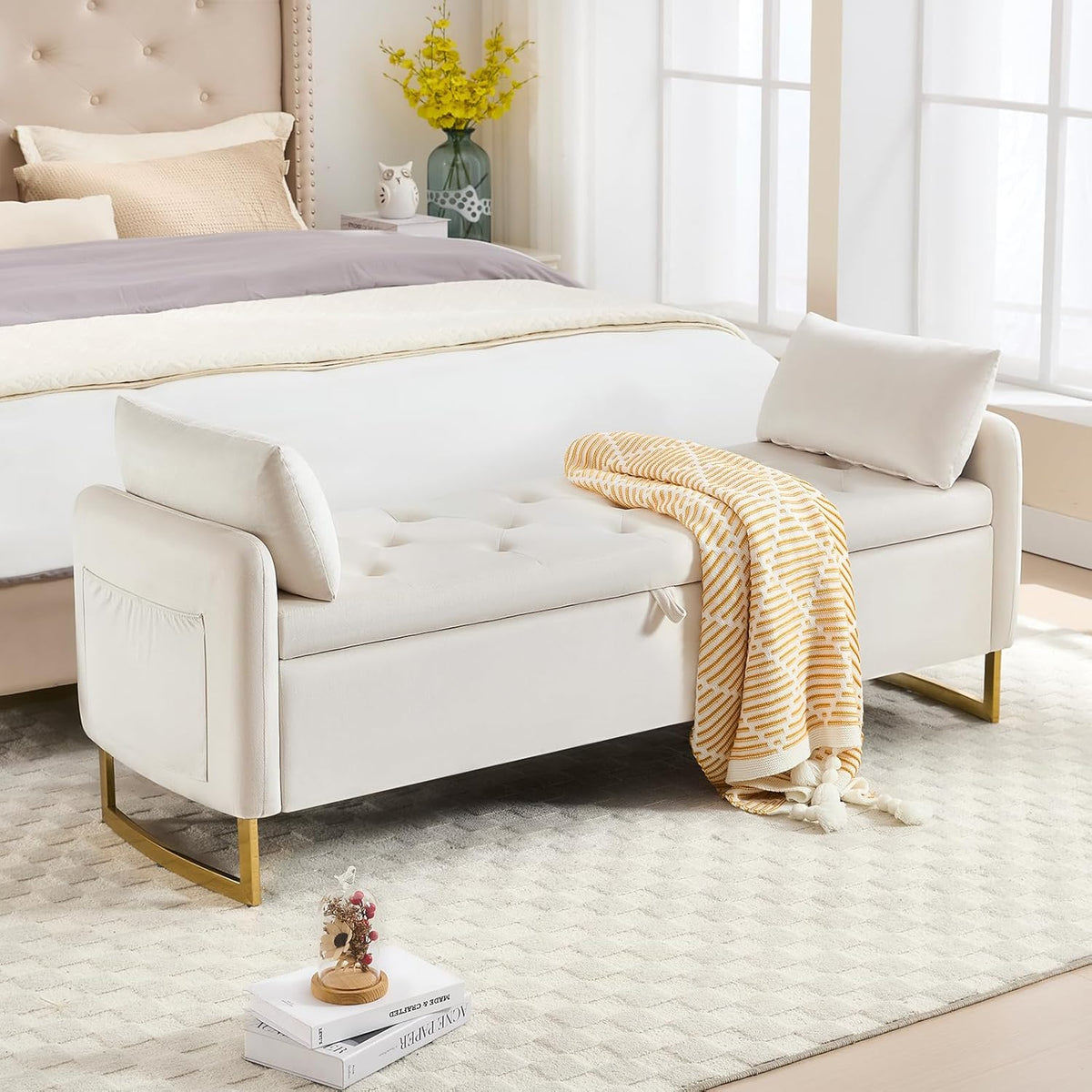 48" end of bed bench, modern storage bench shown in use