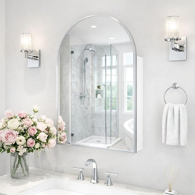 24x36 Inch Arch Bathroom Mirror Medicine, Brushed Silver Wall Mounted Bathroom by FunFurnitureFollowLife