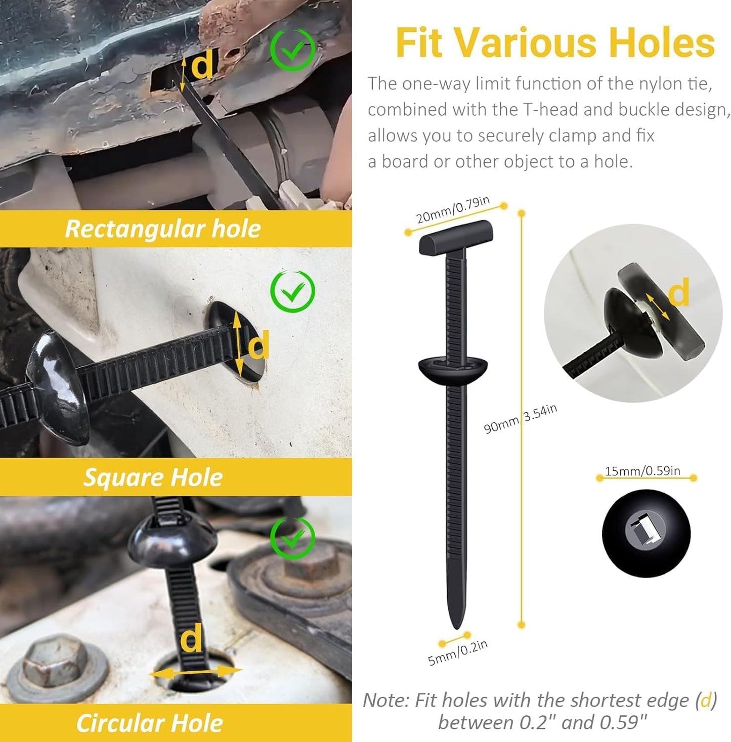 Upgraded Nylon Universal Cable Tie Buckles, Nylon Zip Ties Holders Kit, Automotive Zipper Clips Self-Locking T Rivet Zipties for Car Fender Trunk Bumper Repair, Home & Garage Patent Pending