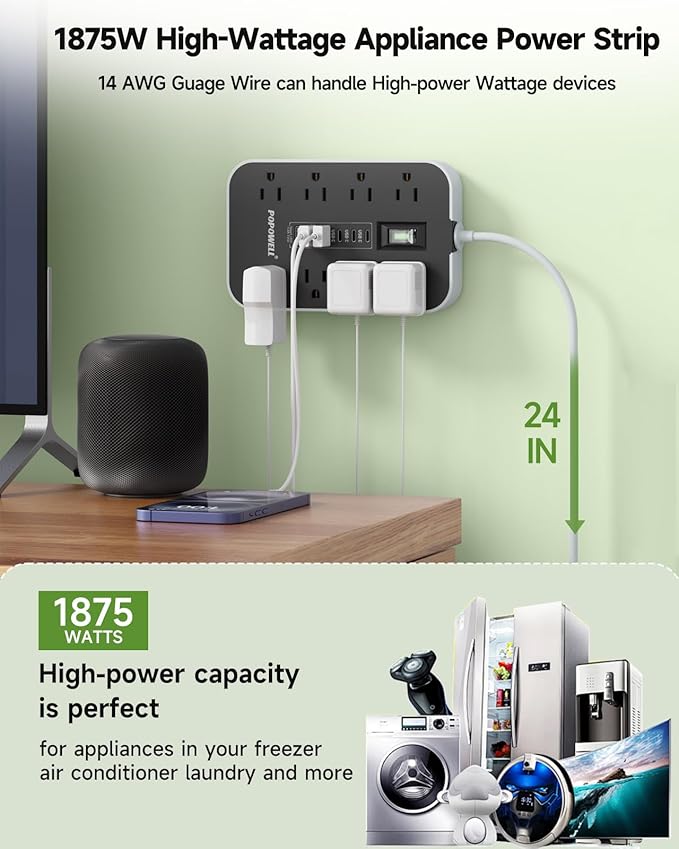 Appliance Power Strip- 14 Guage Heavy Duty Extension Cord, 8 AC Outlet& 6 USB - Image 2
