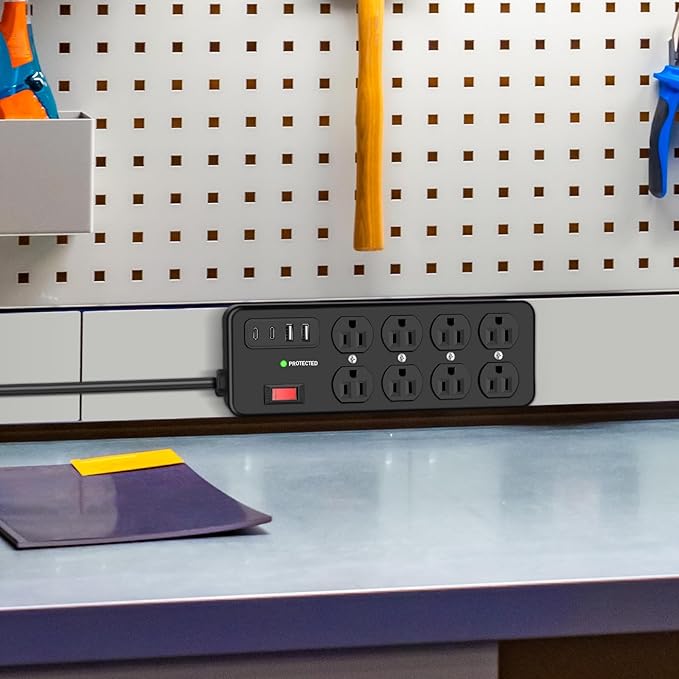 Heavy Duty Power Strip with USB, 8 Outlet Workshop Metal Power Strip, PD20W USB - Image 8