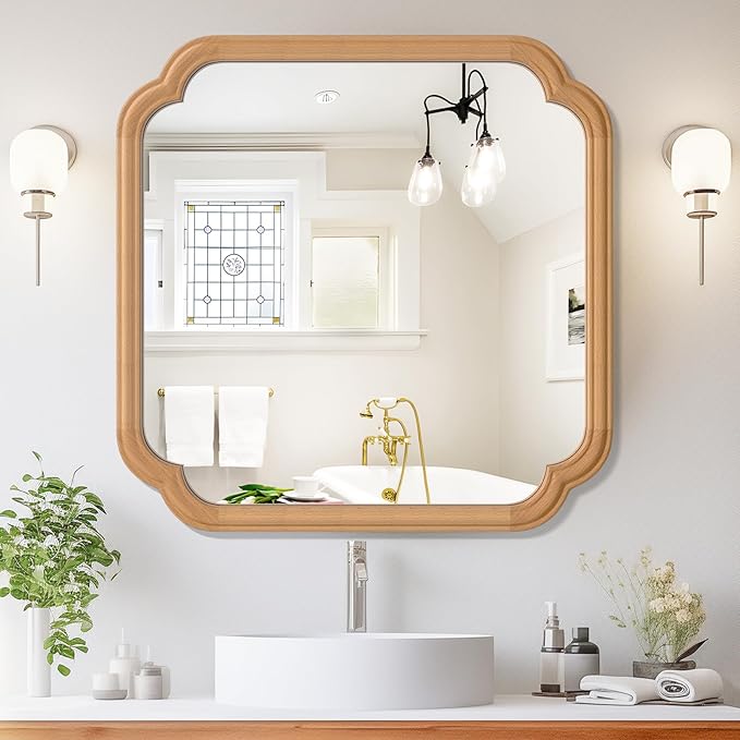 Ferytane Square Natural Wood Mirror 24X24 Inch, Wood Mirror by FerytangeHome