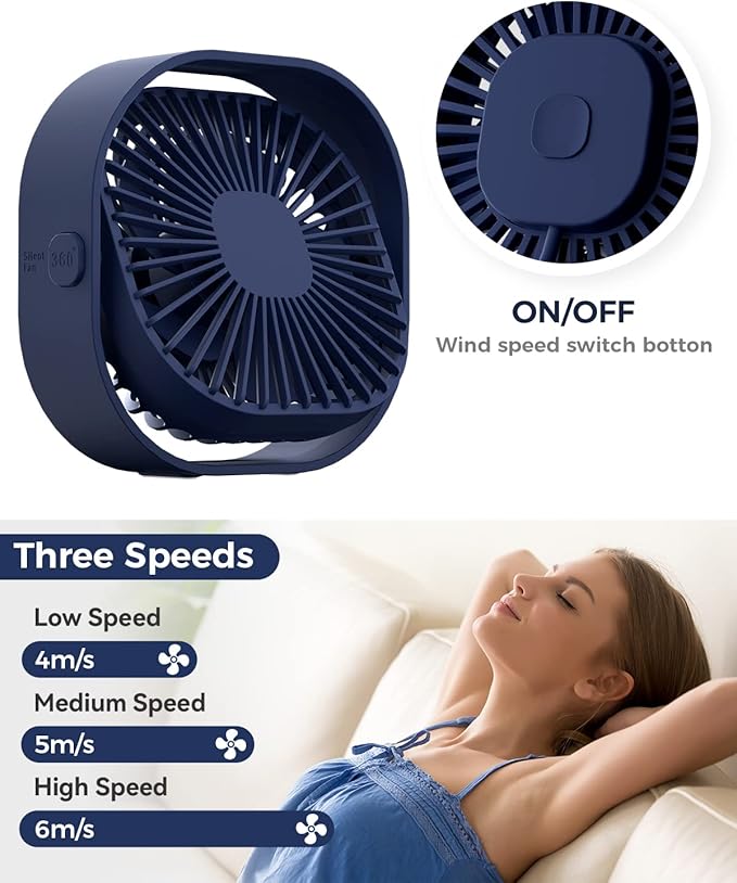 RJVW 4 Inch Small USB Desk Fan, 3-Speed Portable & 360°Rotatable Mini Cooling - Image 4