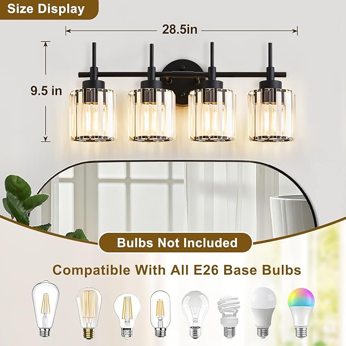 EJIAXIN 4 Light Round Crystal Vanity Lights, Modern Black Crystal Wall Light - Image 5