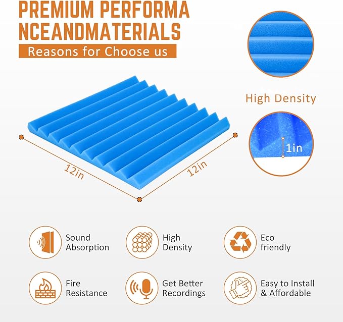 Saiqiang 12Pack Blue Acoustic Foam Panels 1" x 12"x 12" Soundproof Panels Sound - Image 3