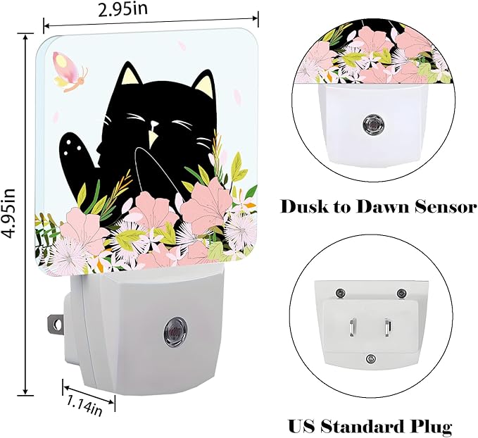 FSHVQKD Black Cat and Flowers Night Light, Plug Into Wall - Image 2