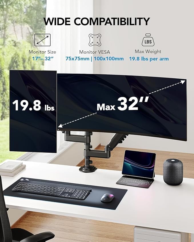 HUANUO 17-32 Inch Dual Monitor Stand, NITROGLIDE™ Dual Monitor Mount, Monitor - Image 2
