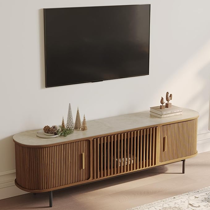 POVISON Sliding Tambour Door TV Stand, Mid Century Modern Sintered Stone TV by POVISON