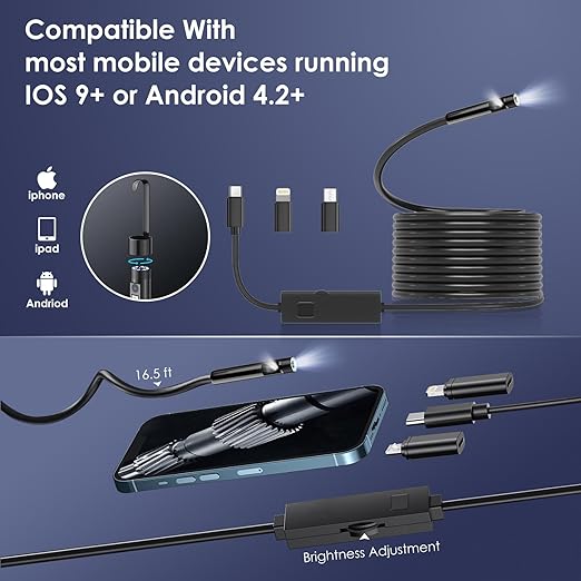 Borescope Camera with Light, 16.4FT Semi Rigid Snake, 1920P HD Borescope Camera - Image 5