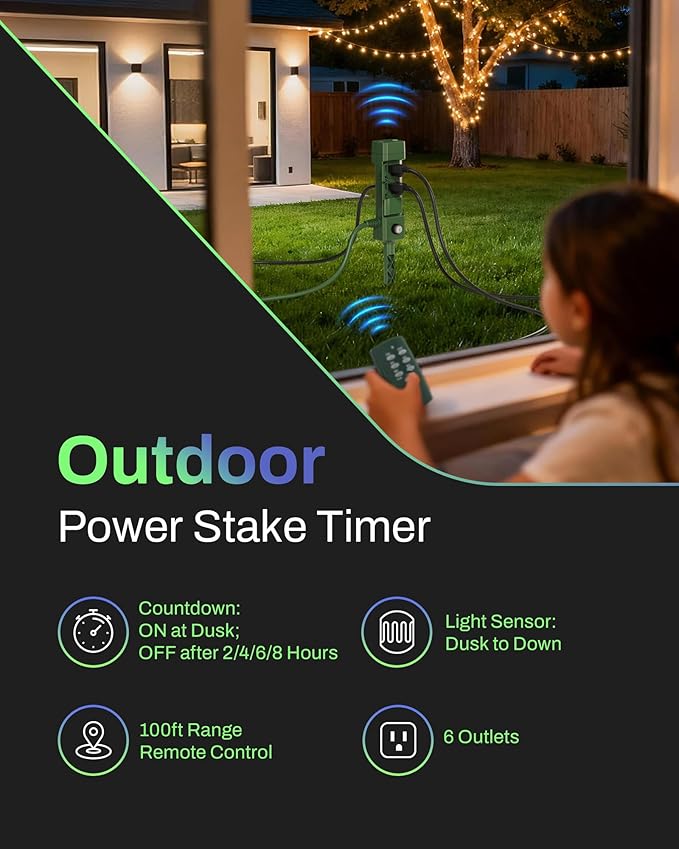 BN-LINK Outdoor Power Stake Timer, 100FT Wireless Remote Control, Dusk to Dawn - Image 2