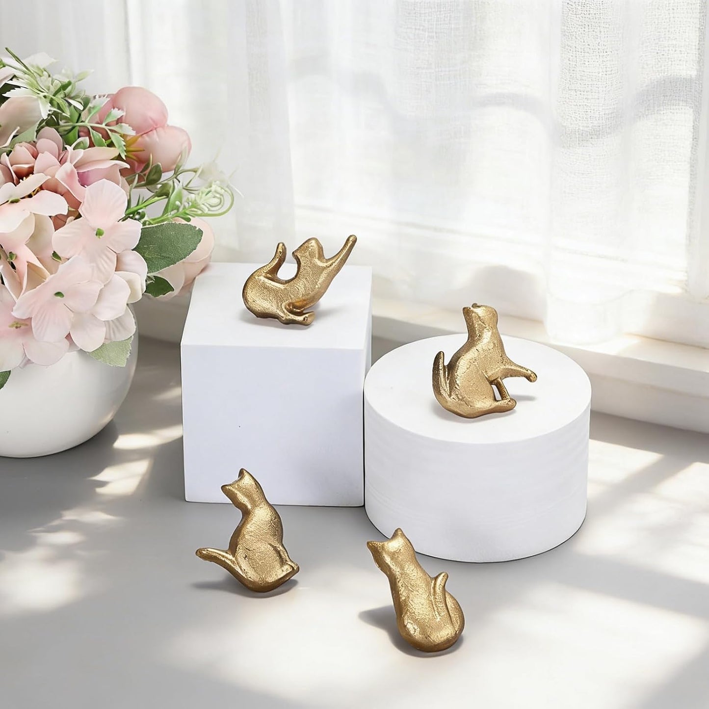 JUXYES Cast Iron Vintage Cat Drawer Handle Pull Knob for Dresser Cabinet | 4 Pack Gold Unique Decorative Dresser Drawer Handle Knobs, Antique Animal Drawer Pulls Knobs for Dresser Cabinet Closet