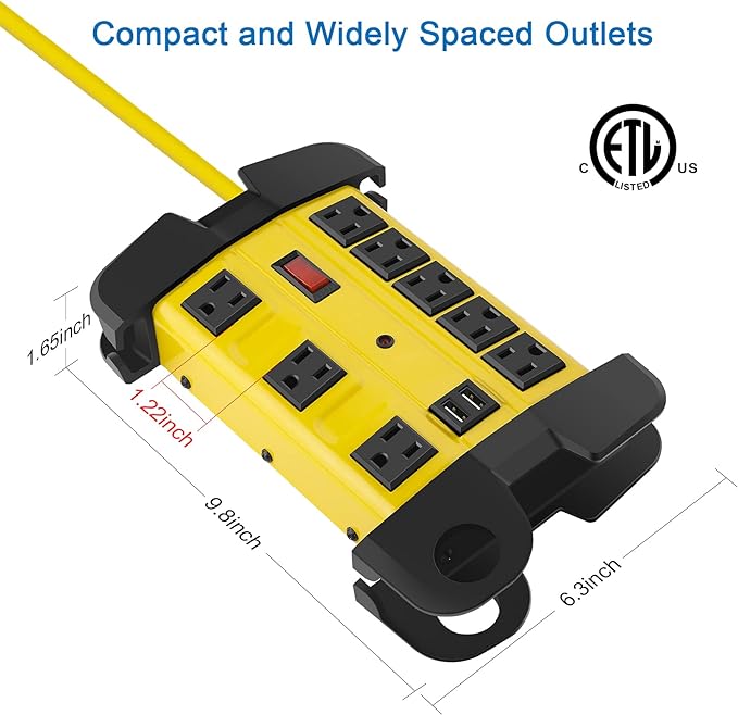 Heavy Duty Power Strip with USB, Workshop 8 Outlet Surge Protector 2700 Joules - Image 5
