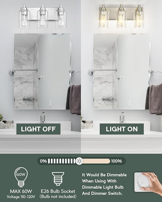 METWET 3-Light Bathroom Light Fixtures, Brushed Nickel Vanity Light - Image 6