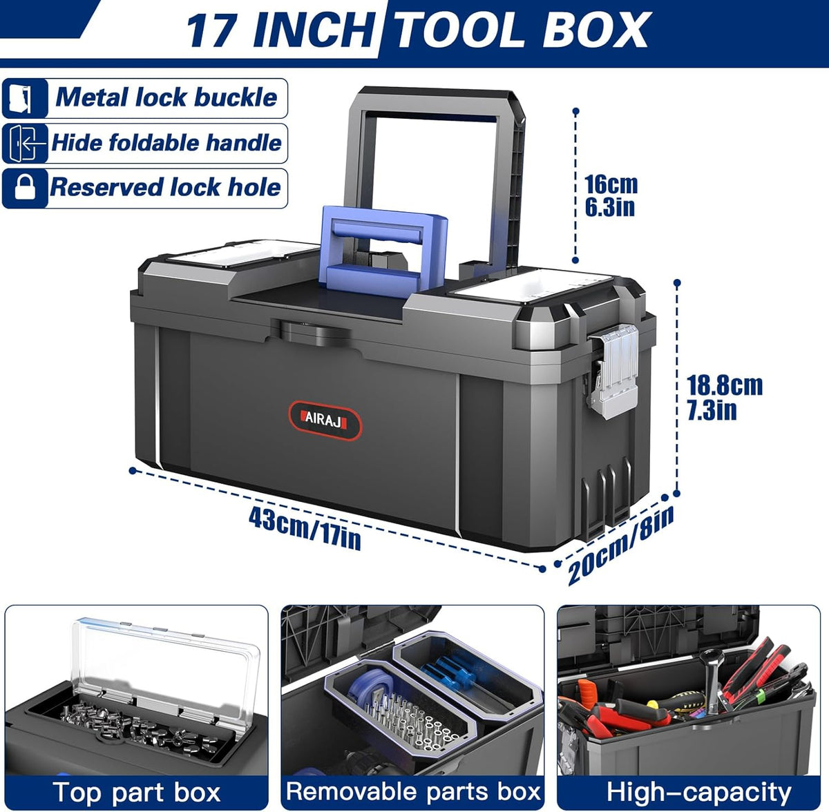 airaj 3 in 1 rolling tool box with, close-up detail
