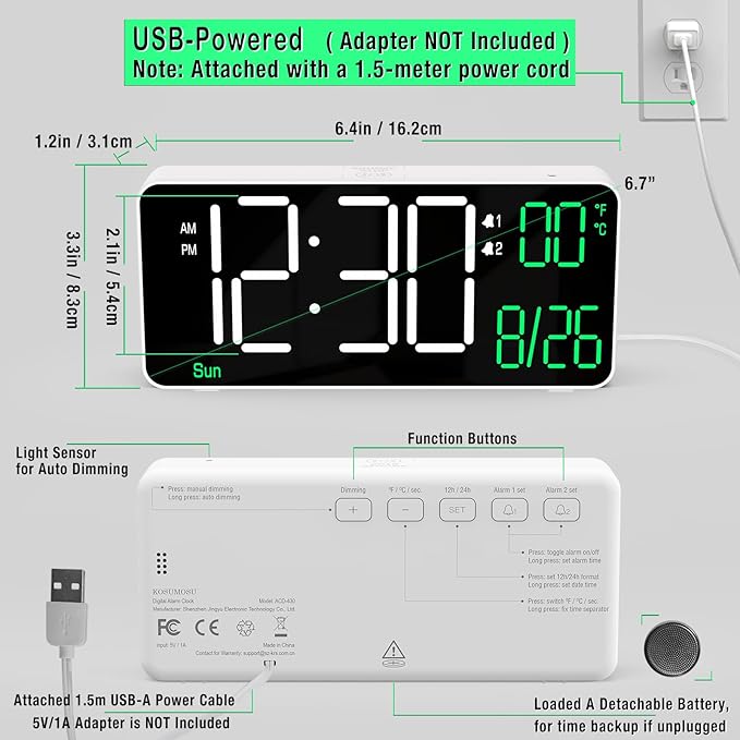KOSUMOSU Digital Alarm Clock, 6.7in Small Digital Clock - Image 6