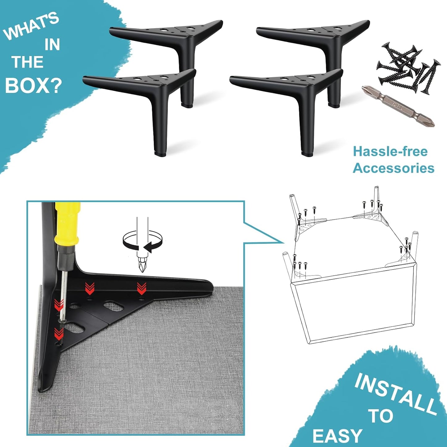 6 Inch Furniture Legs, DIY Cabinet Legs for Furniture Set of 4 | Heavy Duty Matte Black Metal Legs for Cube Storage, Modern Short Replacement Dresser Feet for Couch Futon Nightstand Ottoman