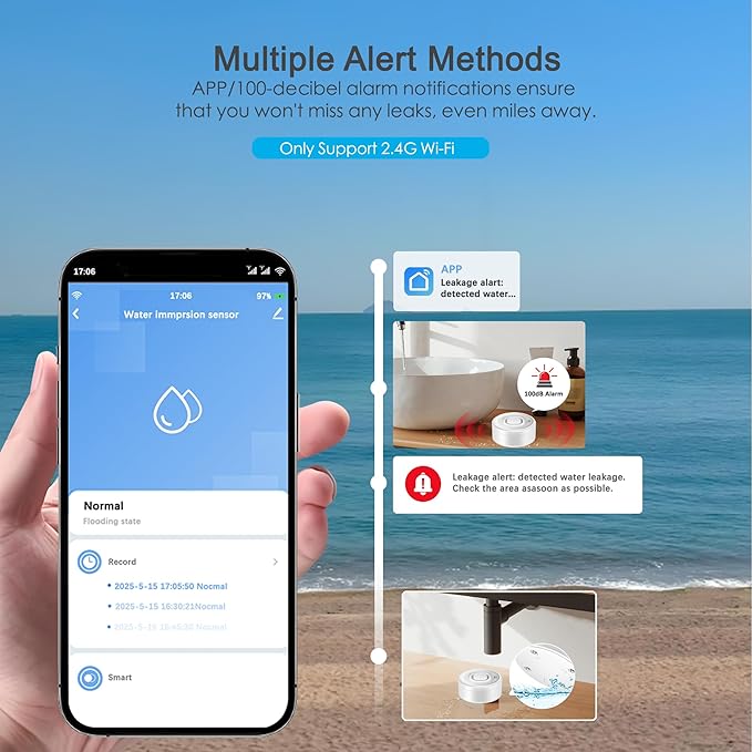 Wi-Fi Water Leak Detector: 100dB Water Sensor Alarm - Image 3