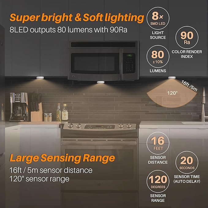 STAR-SPANGLED 3 Pack 3.1” Motion Sensor Lights Indoor AA Battery Operated - Image 3